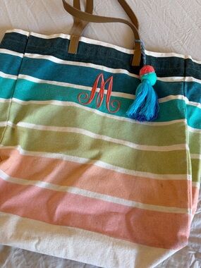 Striped Canvas Tote with Monogram and Tassel